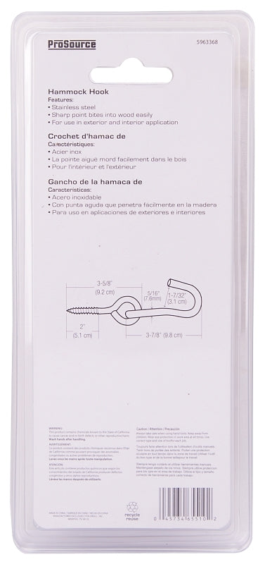 ProSource LR-404S-PS Hammock Hook, 1-1/4 in Opening, Stainless Steel, Silver, Stainless Steel