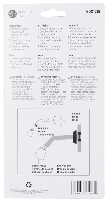 Boston Harbor B1140WH Shower Arm with Flange, 1/2-14 NPT in Connection, Threaded, 7 in L, Plastic