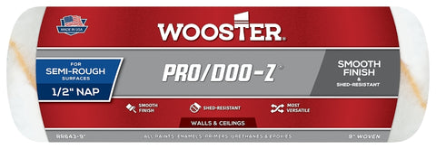 Wooster RR643-9 Roller Cover, 1/2 in Thick Nap, 9 in L, Fabric Cover, White