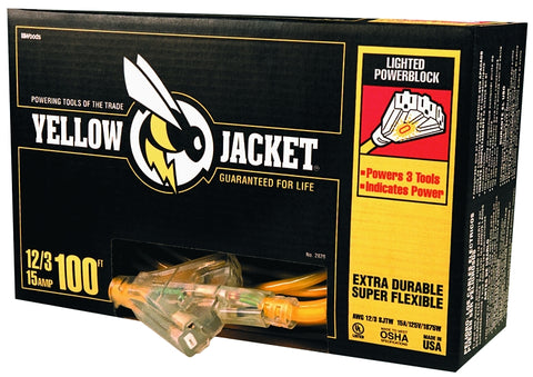 CCI 2820 Power Block, 100 ft L, 3 -Outlet, 15 A, 125 V, Yellow Sheath