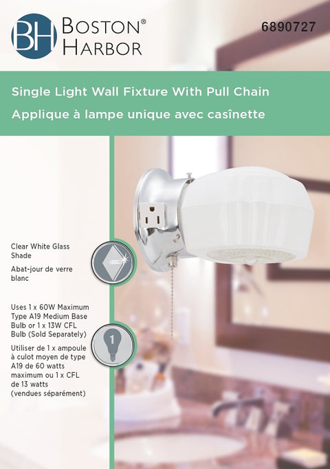 Boston Harbor W39CH01LS-34473L Bracket Wall Light Fixture, 60 W, 1-Lamp, A19 or CFL Lamp, Steel Fixture, Chrome Fixture