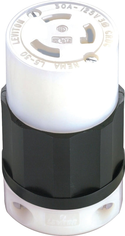 Leviton 165-02613-000 Electrical Connector, 2 -Pole, 30 A, 125 V, NEMA: NEMA L5-30R, Black/White