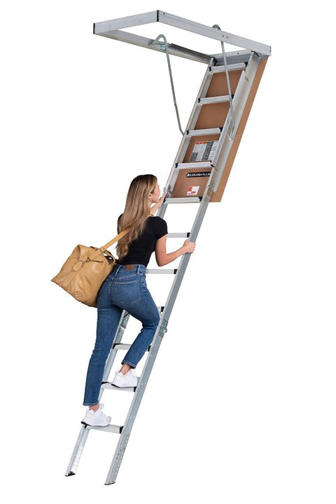 Louisville Ladder AH2211 Series Elite Aluminum Attic Ladder, 7.75 ft to 10.25 ft, Type: 1AA, 375 lb Load Capacity, Opening Size: 22.5 x 54 in