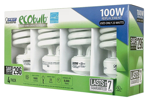 Feit Electric ESL23TM/4/RP Compact Fluorescent Bulb, 2700 K Color Temp, Soft White, 1600 Lumens, 23 W