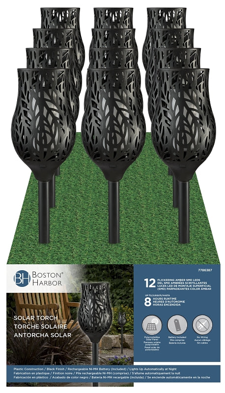 Boston Harbor 27096 Solar Flickering Flame Torch Light, Ni-MH Battery, AA Battery, 12-Lamp, LED Lamp, Plastic Fixture, Pack of 12