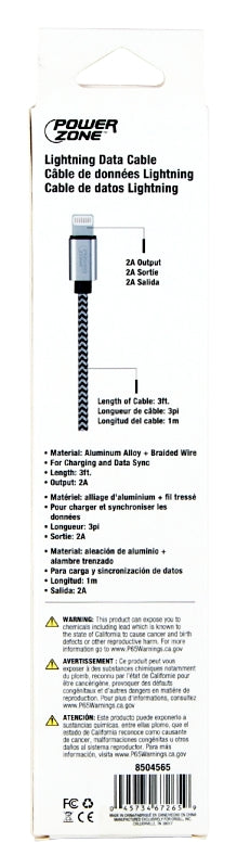 PowerZone KL-029X-1M-LIGHT Lightning Charging Cable, Lightning, USB, Black/White Sheath, 3 ft L