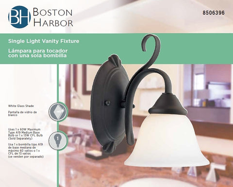 Boston Harbor F3-1W-3L Single Light Vanity Fixture, 120 V, 60 W, A19 or CFL Lamp, Steel Fixture, Matte Black Fixture