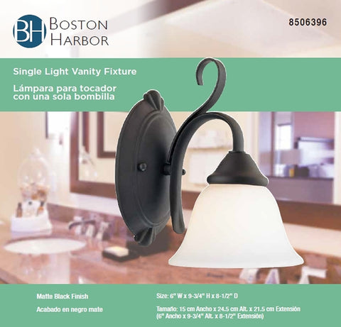 Boston Harbor F3-1W-3L Single Light Vanity Fixture, 120 V, 60 W, A19 or CFL Lamp, Steel Fixture, Matte Black Fixture