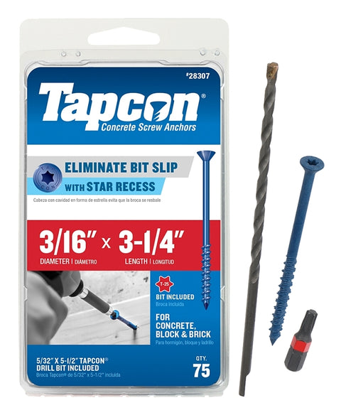 Tapcon 28307 Concrete Screw Anchor, T25 Screw, 3/16 in Dia, 3-1/4 in L, Steel, Climaseal, 75/PK
