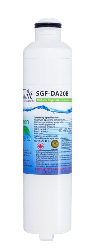 Swift Green Filters SGF-DA20B Refrigerator Water Filter, 0.5 gpm, 0.5 um Filter, Coconut Shell Carbon Block Filter Media