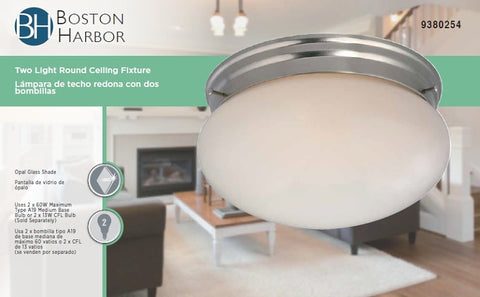 Boston Harbor F14BB02-8005-BN Two Light Round Ceiling Fixture, 120 V, 60 W, 2-Lamp, A19 or CFL Lamp