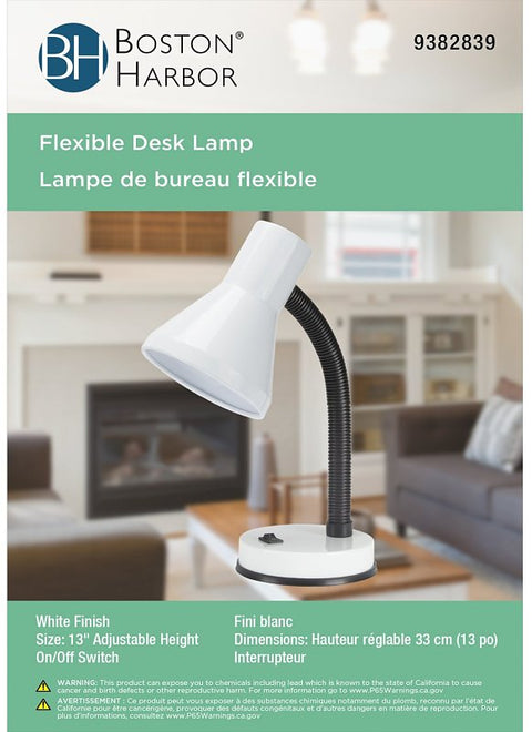 Boston Harbor TL-TB-134-WH-3L Flexible Desk Lamp, 120 V, 60 W, 1-Lamp, CFL Lamp, White Fixture, White