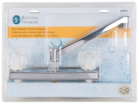 Boston Harbor PF8201A Kitchen Faucet, 1.8 gpm, 2-Faucet Hole, Plastic, Chrome Plated, Deck Mounting, Round Handle