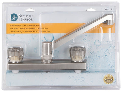 Boston Harbor JY-8201BN Kitchen Faucet, 1.8 gpm, 2-Faucet Hole, Plastic, Stainless Steel, Deck Mounting, Round Handle