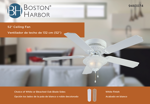 Boston Harbor CF-B-652+1F242WH Low Profile Ceiling Fan, 5-Blade, Bleached Oak/White Blade, 52 in Sweep, 3-Speed