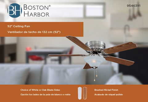 Boston Harbor CF-B-652+1F242SN Ceiling Fan, 5-Blade, Oak/Walnut Blade, 52 in Sweep, MDF Blade, 3-Speed