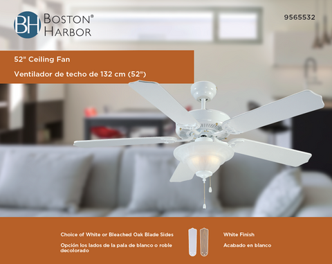 Boston Harbor CF-B552+1F242WH Ceiling Fan, 5-Blade, Bleached Oak/White Blade, 52 in Sweep, MDF Blade, 3-Speed