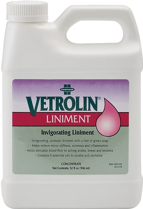 Farnam Vetrolin 80192 Invigorating Liniment, Liquid, Transparent Green, Alcoholic Aroma, 32 oz