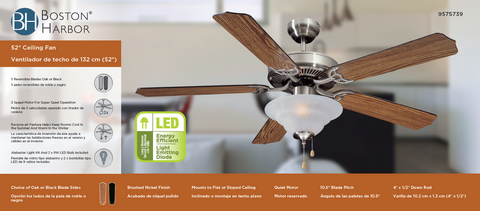 Boston Harbor CF-B552+1F242SN Ceiling Fan, 5-Blade, Black/Oak Blade, 52 in Sweep, MDF Blade, 3-Speed