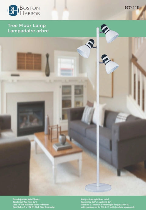 Boston Harbor TL-TREE-134-WH Tree Lamp, 120 V, 180 W, 3-Lamp, Incandescent Lamp, Metal, White Finish