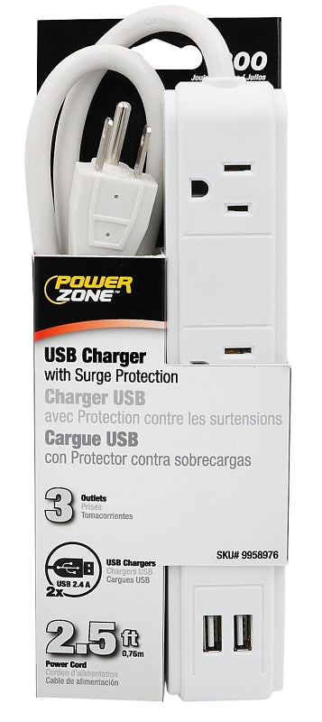 PowerZone ORPBSU061 Surge Strip, 2.4 A, 3-Outlet, White