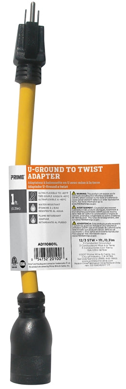 Prime AD110801L U-Ground to Twist Adapter, 15 A, 125 V, 1 -Outlet, Yellow