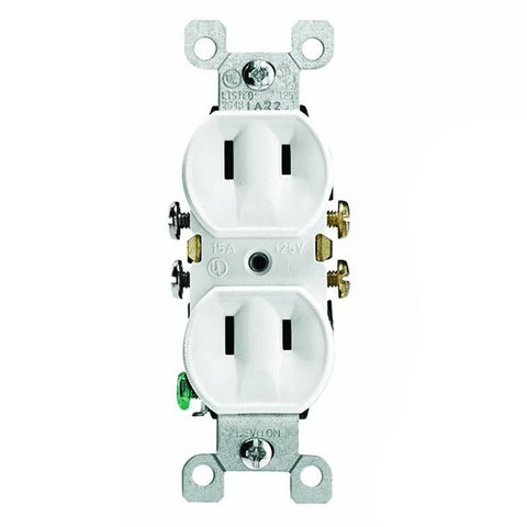 Leviton 008-00223-00W Duplex Receptacle, Thermoplastic, White, 2-Pole, 15 A, 125 V, Side Wiring, NEMA: 5-15R