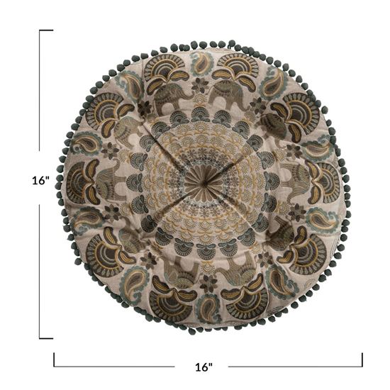 16" Round Cotton Embroidered Pillow W/ Elephants & Pom Poms - VSHESD319
