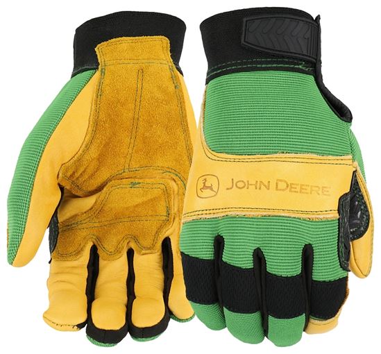 WEST CHESTER John Deere JD00009-XL Gloves, Men's, XL, Reinforced Thumb, Hook and Loop Cuff, Spandex Back, Green/Yellow