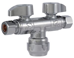 SharkBite SBDS123838 Dual Shut-Off Valve, 1/2 x 3/8 in Connection, Push-to-Connect x Compression, 4 gpm, Brass Body