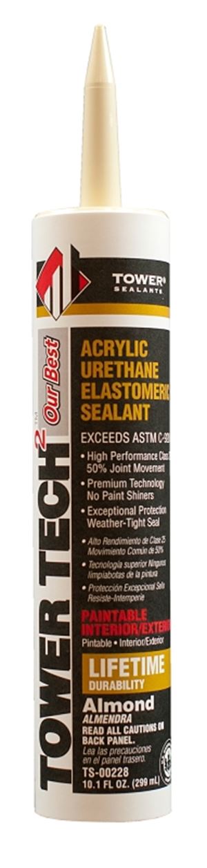 Tower Sealants TOWER TECH2 TS-00228 Elastomeric Sealant, Almond, 7 to 14 days Curing, 40 to 140 deg F, 10.1 fl-oz Tube, Pack of 12