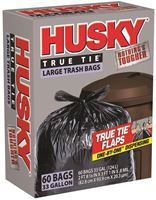 Husky HK33WC060B Large Trash Bag, 33 gal, 3 ft 4 in L x 2 ft 9 in W x 0.8 mil T, Polyethylene Resin, Black 