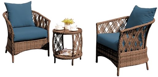 Seasonal Trends 59600 Bistro Bayside Wicker Chat Set, Brown with Blue Cushions, PE Wicker