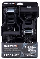 Keeper 85450 Tie-Down, 1-1/4 in W, 16 ft L, Black, 1000 lb Working Load, J-Hook End, 2/PK 
