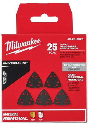 Milwaukee 49-25-2025 Triangle Sandpaper Variety Pack, 60, 80, 120, 180, 240 Grit, Silicon Carbide Abrasive, 3-1/2 in L