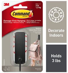 Command 17034MB-ES Medium Decorative Hook, 1 in W, Metal/Plastic, Matte, 3 lb, Pack of 4 