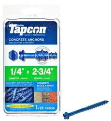 Tapcon 24230 Concrete Screw Anchor, 1/4 in Dia, 2-3/4 in L, Steel, Climaseal 