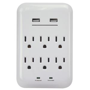 PowerZone ORUSB346S USB Charger with Surge Protection, 2-Pole, 125 V, 15 A, 6-Outlet, 1200 Joules Energy, White