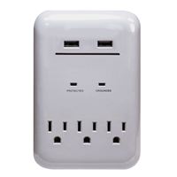 PowerZone ORUSB343S USB Charger, 125 V, 15 A, 3-Outlet, 950 Joules Energy, White 