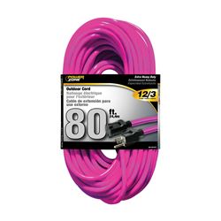 PowerZone Extension Cord, 12 AWG Cable, 80 ft L, 15 A, 125 V, Neon Pink 