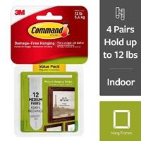 Command 17204-12ES Medium Picture Hanging Strip, 3/4 in W, 2-3/4 in L, Foam Backing, White, 3 lb, Pack of 4 