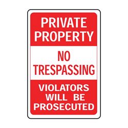 Hy-Ko HW-45 Parking Sign, Rectangular, PRIVATE PROPERTY NO TRESPASSING VIOLATORS WILL BE PROSECUTED, Red/White Legend 