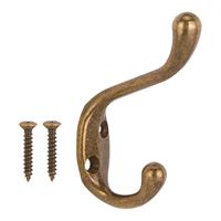 ProSource H6271007AB-PS Coat and Hat Hook, 22 lb, 2-Hook, 1-1/64 in Opening, Zinc, Antique Brass 