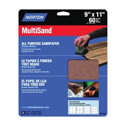 Norton MultiSand 07660747750 Sanding Sheet, 11 in L, 9 in W, Coarse, 60 Grit, Aluminum Oxide Abrasive, Paper Backing 