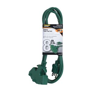 PowerZone ORY605608 Extension Cord, 16 AWG Cable, 8 ft L, 5-15P Grounded Plug, 3 -Socket, 13 A, 125 V, Green