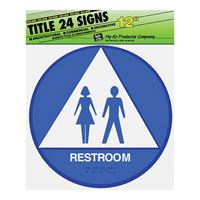Hy-Ko T-24U Graphic Sign, Round, Triangle, REST ROOM, White Legend, Blue/White Background, Plastic, Pack of 3 