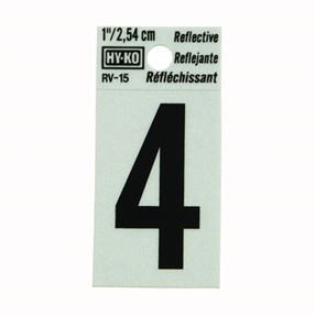Hy-Ko RV-15/4 Reflective Sign, Character: 4, 1 in H Character, Black Character, Silver Background, Vinyl, Pack of 10
