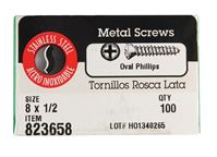 Hillman Oval Head Phillips Drive Sheet Metal Screws Stainless Steel 8 x 1/2 in. L 100 per box 