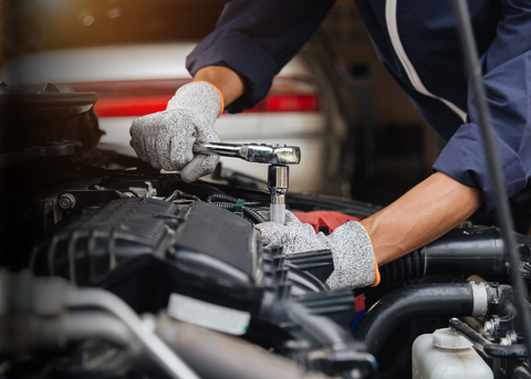 Auto repair tools, car maintenance products, and vehicle accessories on display in an automotive supply section.