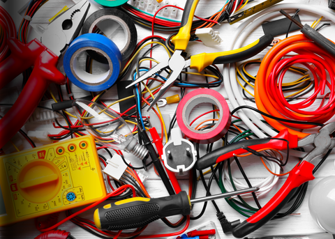 Electrical supplies including wires, outlets, switches, and lighting components for residential and commercial use.